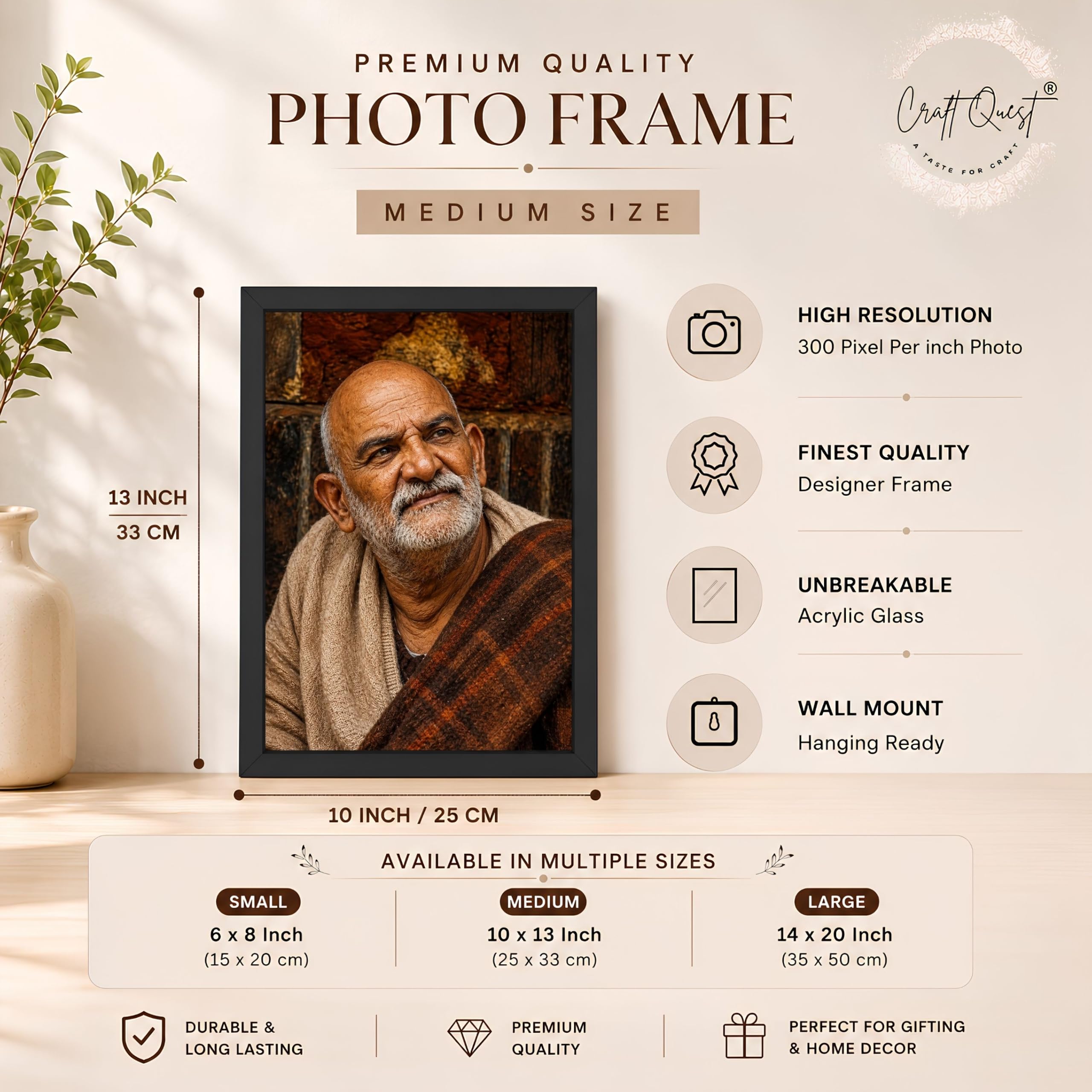 CRAFT QUEST Neem Karoli Baba Maharaj Ji Smiling Portrait Photo Frame for Wall | Spiritual Guru Religious Wall Art | Devotional Photo for Home, Mandir, Puja Room & Gifting
