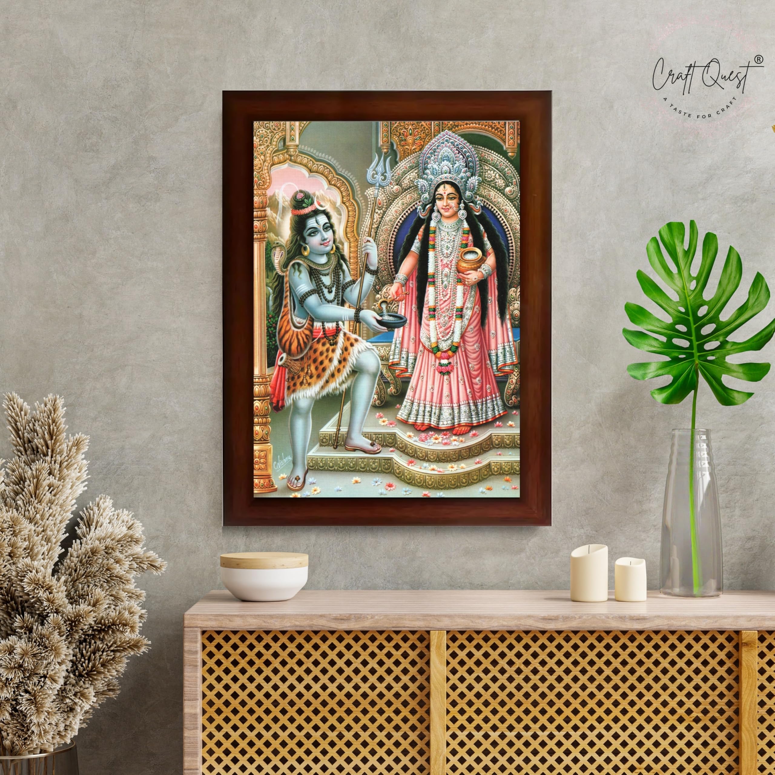 CRAFT QUEST Shiva & Maa Annapurna devi sitting on throne photo frame with Laminated Poster for Kitchen Worship