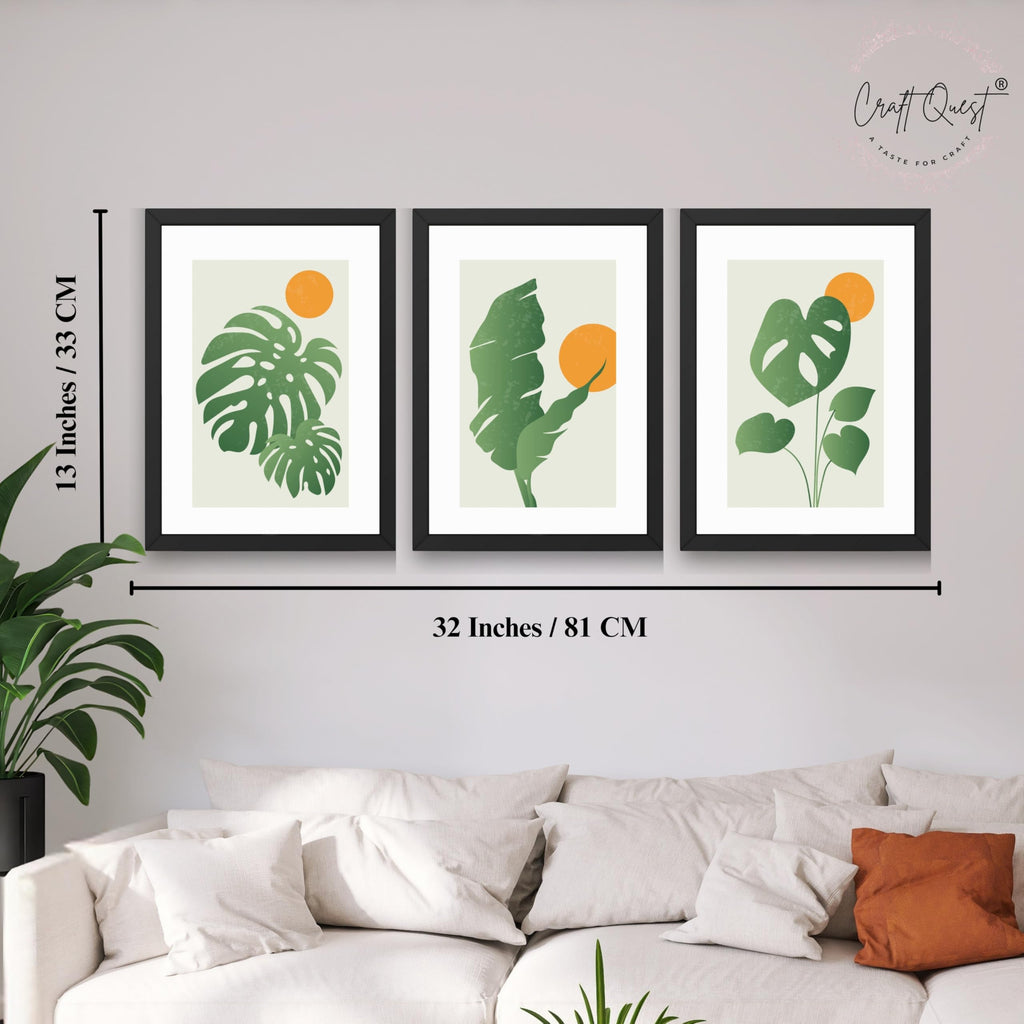 CRAFT QUEST Nature Inspired Abstract Gradient Tropical Leaf Wall Art | Set of 3 Frames for Home Decoration | Ideal for Living Room, Bedroom & Offices