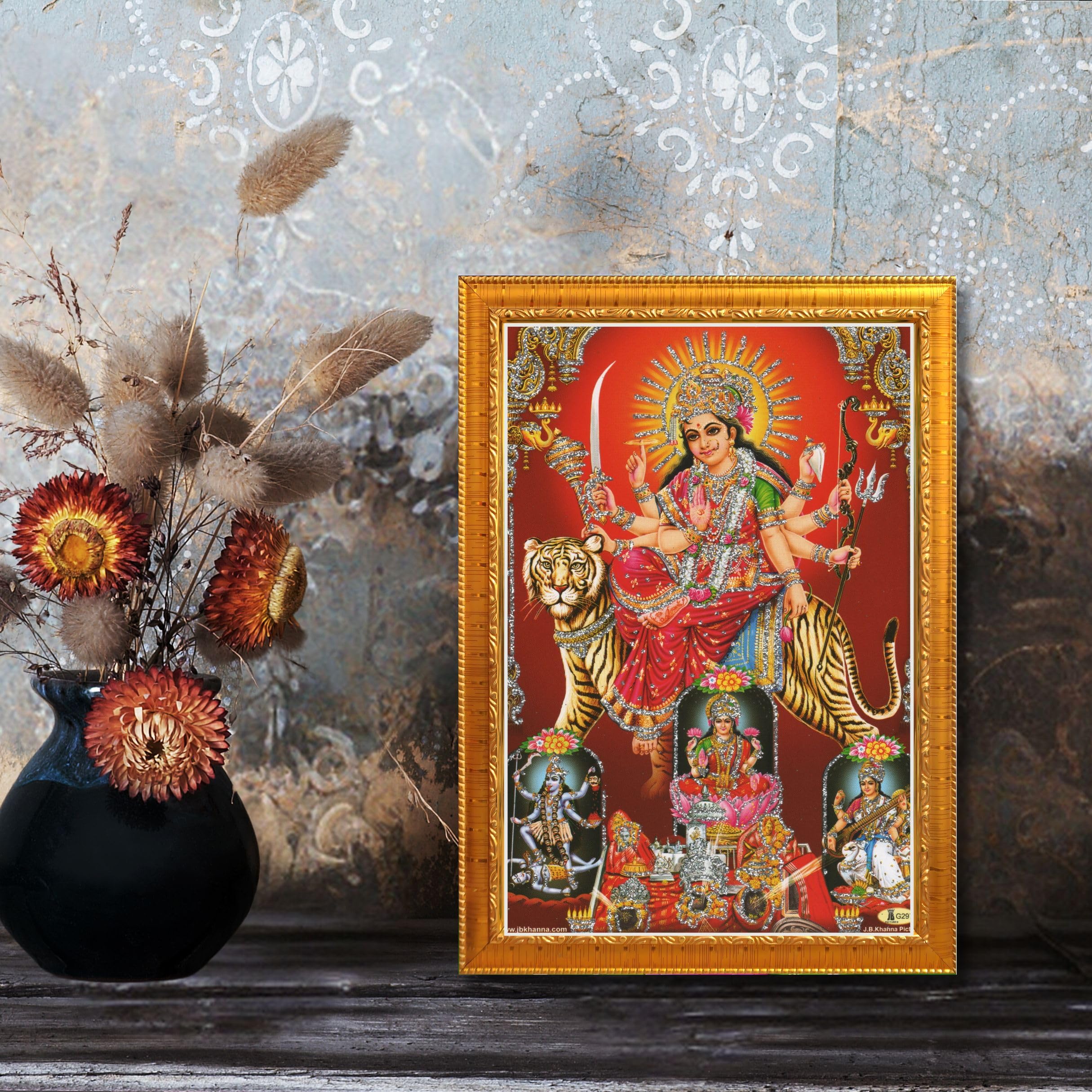 CRAFT QUEST Durga maa photo with Golden frame, God Religious Framed Painting (Small Size, 8 X 6 Inches) DURGA0608-207G
