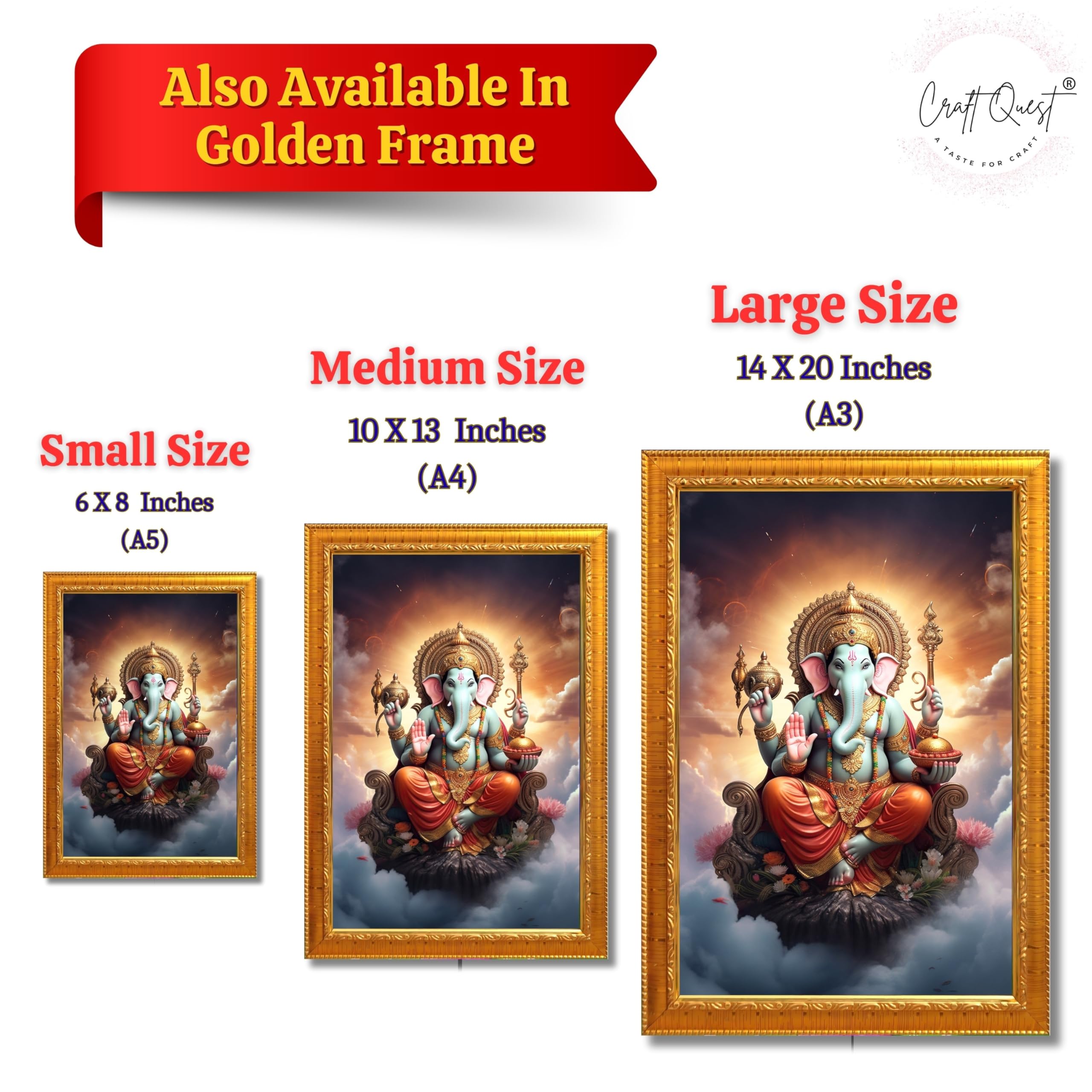 CRAFT QUEST God Ganesha Ganpati ji Photo Frame Wall Decor Mandir Pooja Poster Religious Painting Divine Hindu Temple Decoration Spiritual Blessings Home Office Gift