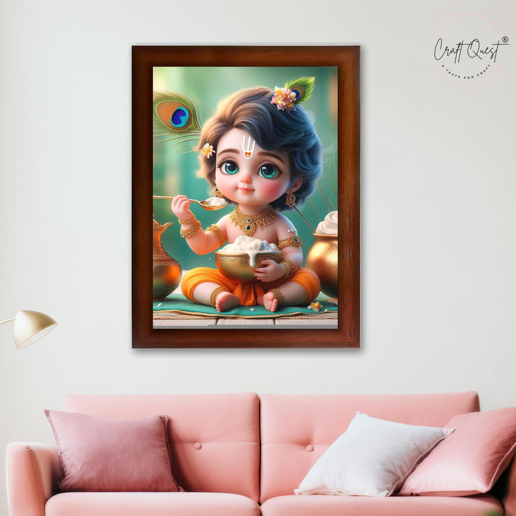 CRAFT QUEST Cute Baby Krishna HD Print | Little Krishna Frame for Home Temple, Office Desk, Car Dashboard