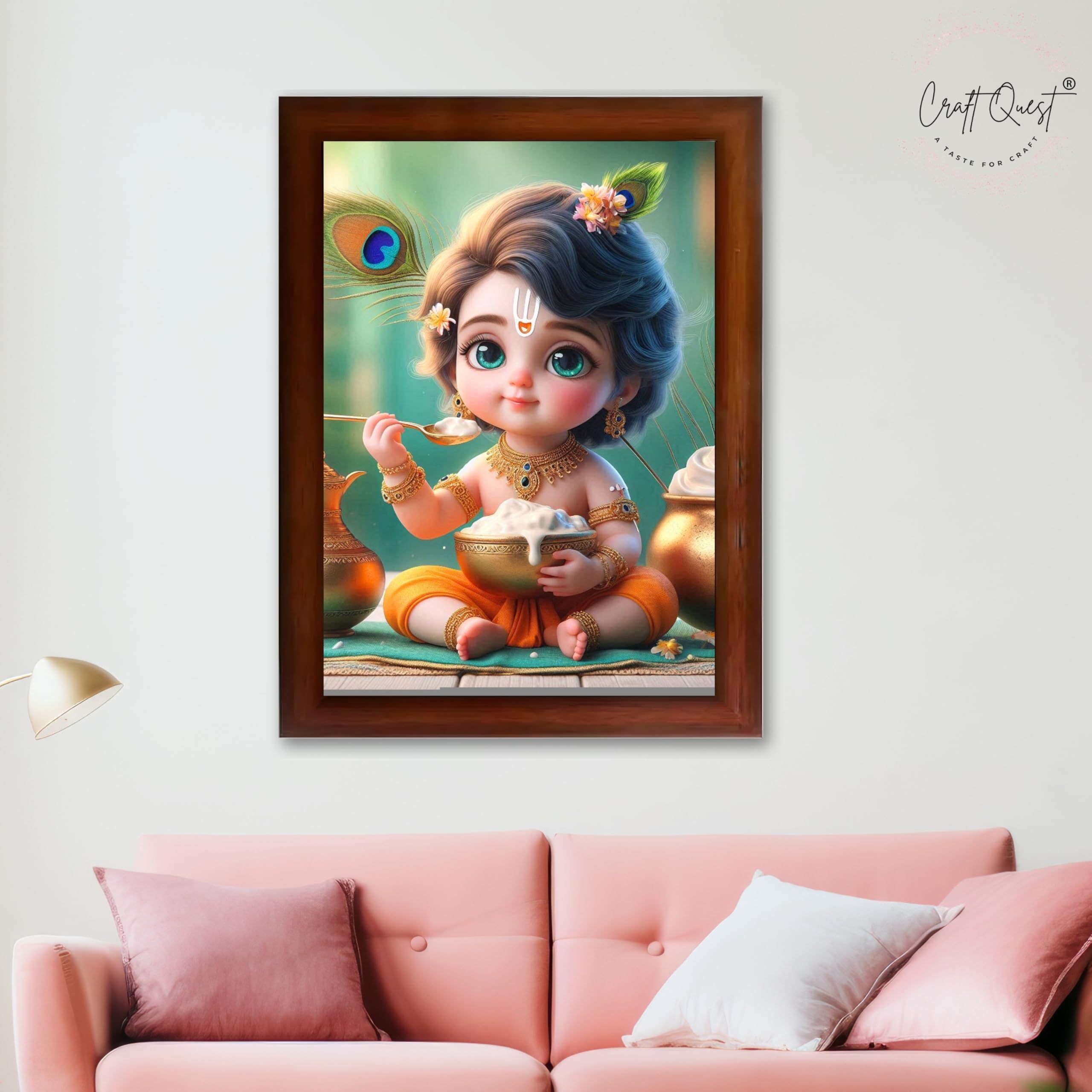 CRAFT QUEST Cute Baby Krishna HD Print | Little Krishna Frame for Home Temple, Office Desk, Car Dashboard