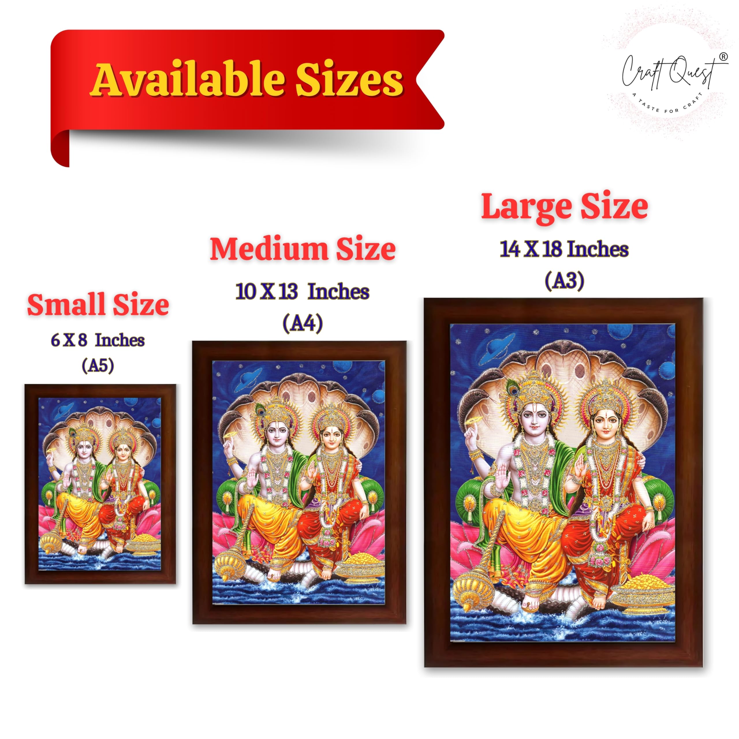 CRAFT QUEST Lord Vishnu and Goddess Lakshmi Giving Blessing on Shesh naag, Glitter Work Painting Synthetic Wood Frame