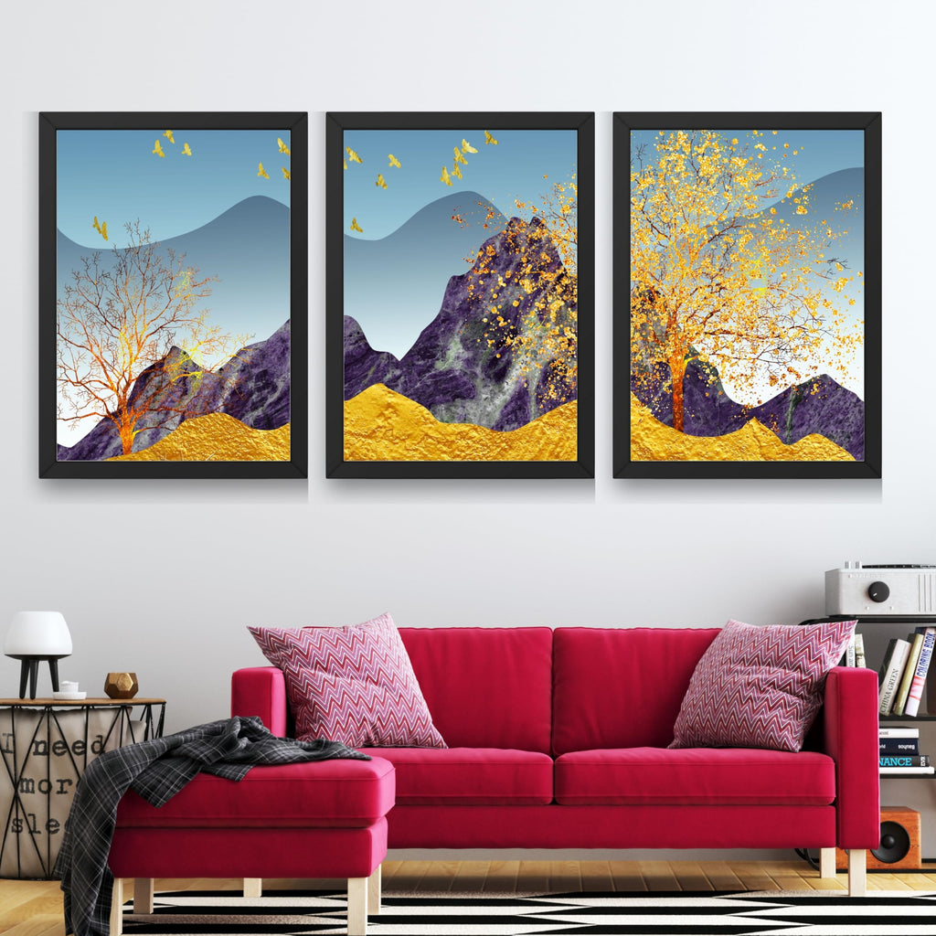 CRAFT QUEST Modern Art Abstract Porch Golden Trees Wall Art | Set of 3 Frames for Home Decoration | Ideal for Living Room, Bedroom & Offices