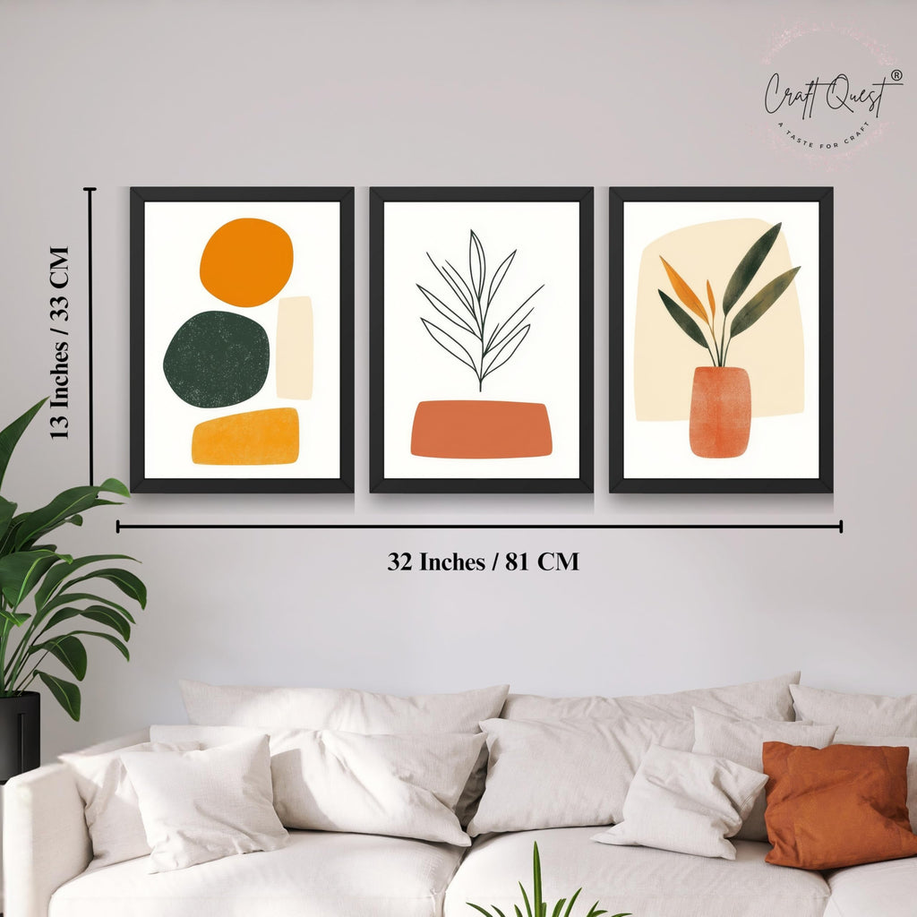 CRAFT QUEST SET OF 3 Organic Abstract Wall Art | Set of 3 Frames for Home Decoration | Ideal for Living Room, Bedroom & Offices