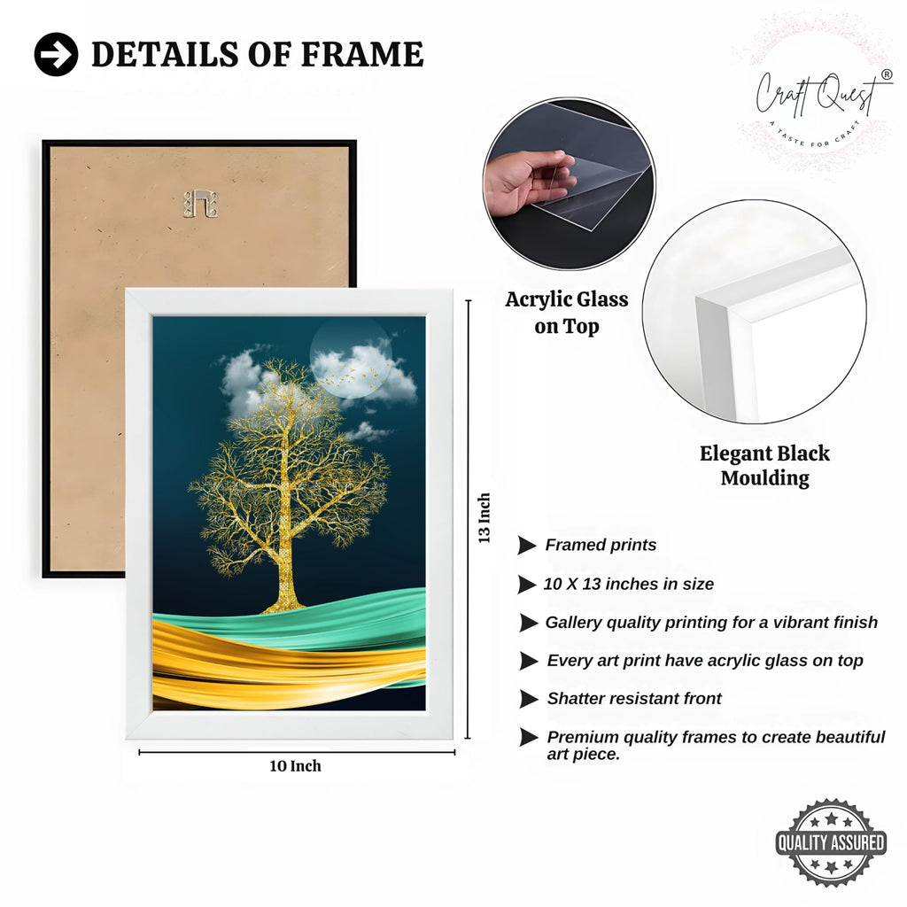 CRAFT QUEST Modern Art Mural With Golden Tree & Birds Wall Art | Set of 3 Frames for Home Decoration | Ideal for Living Room, Bedroom & Offices