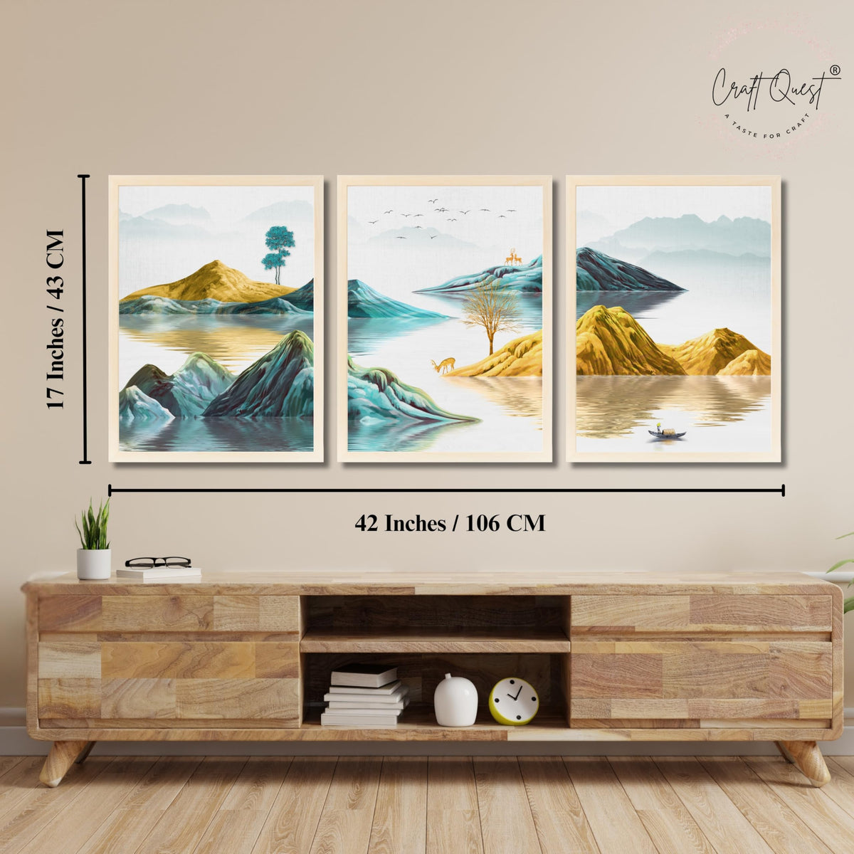 CRAFT QUEST Modern Art Abstract Geometric Gold Lines Wall Art | Set of 3 Frames for Home Decoration | Ideal for Living Room, Bedroom & Offices