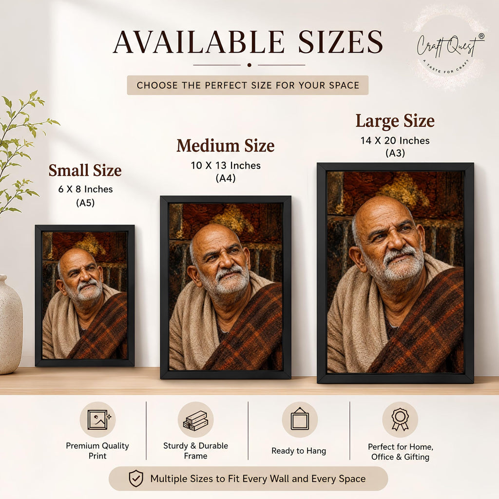 CRAFT QUEST Neem Karoli Baba Maharaj Ji Smiling Portrait Photo Frame for Wall | Spiritual Guru Religious Wall Art | Devotional Photo for Home, Mandir, Puja Room & Gifting