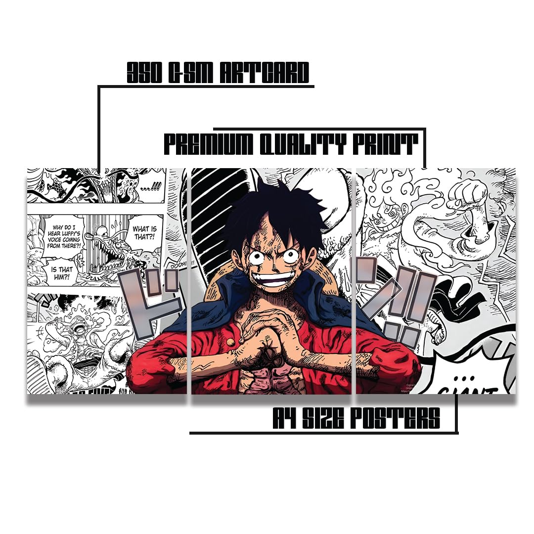 zenithink Luffy One Piece Wall Poster Pack Of 3-A4 Size, 300 GSM Included Glue Dots, Paper Home Decor Art Poster For Bedroom, Living room, Office, No Frame