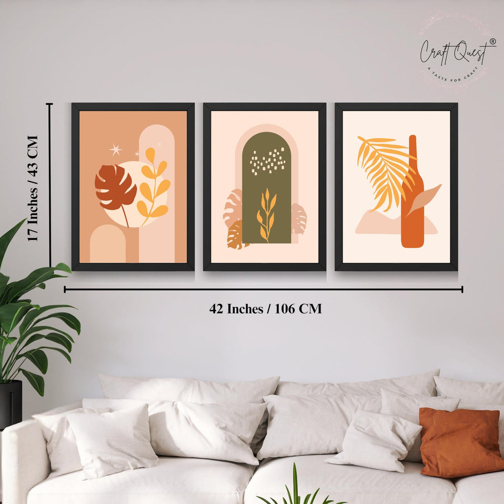 CRAFT QUEST Wall Art Decor Paintings | Set of 3 BOHO Wall Art Frames for Home Decoration | Ideal for Living Room, Offices & Bedrooms