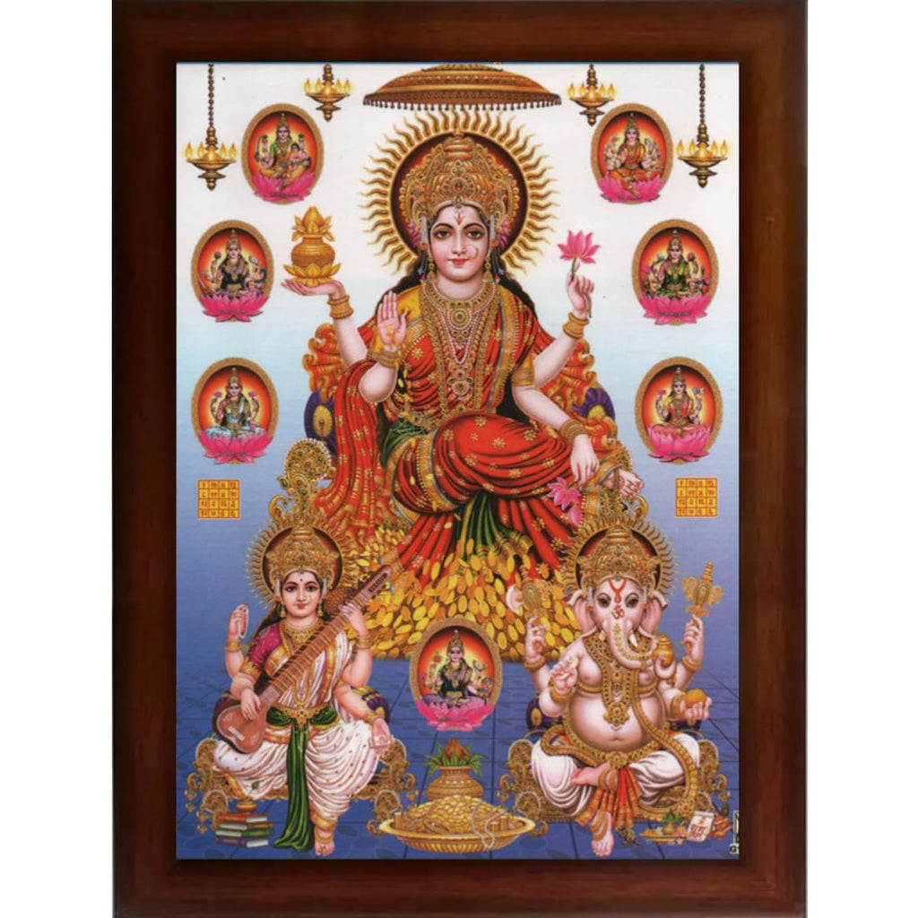 CRAFT QUEST Goddess Lakshmi ganesh saraswati Wall Painting Frame Home Decor (Synthetic, Matte Finish, Brown, Large Size, 14 X 10 Inch)