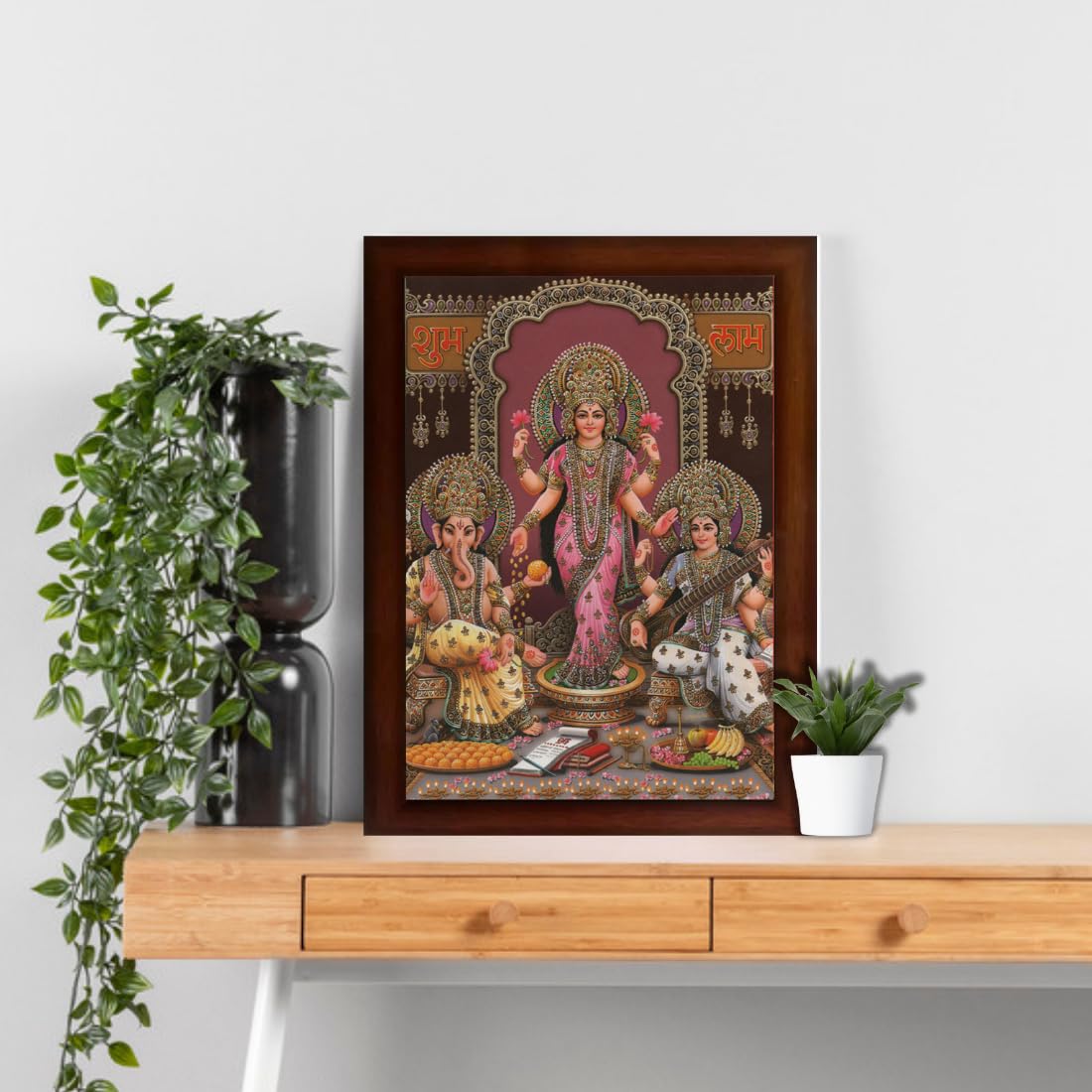 CRAFT QUEST Standing Lakshmi Mata with ganesh ji and saraswati maa Wall Painting Frame for Shop or Business (Synthetic, Matte Finish, Brown, Large Size, 14 X 10 Inch)