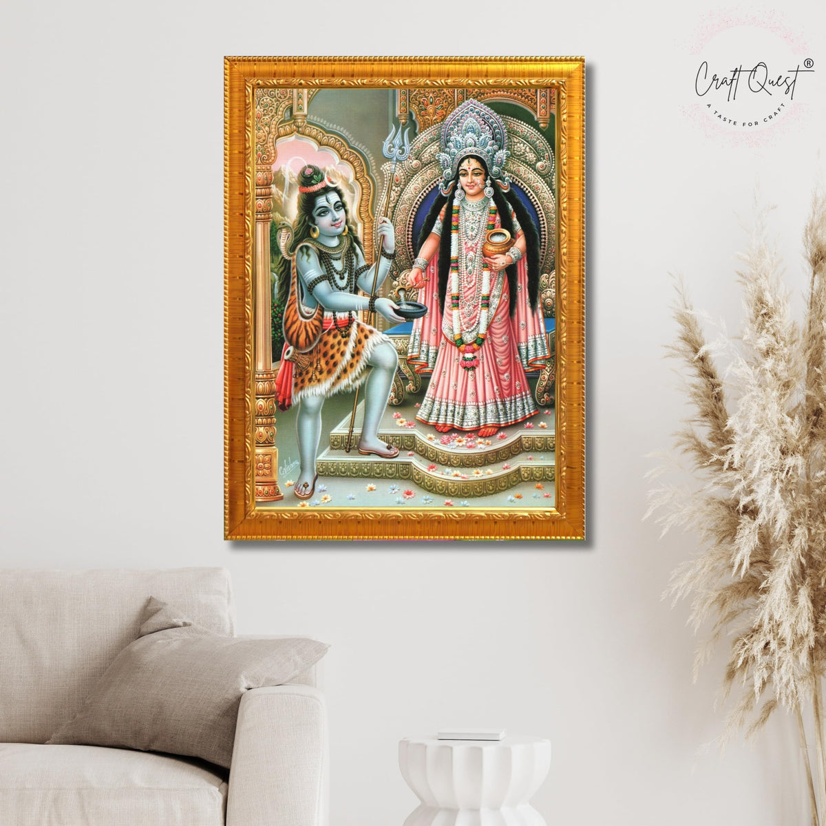 CRAFT QUEST Shiva & Maa Annapurna devi sitting on throne photo frame with Laminated Poster for Kitchen Worship