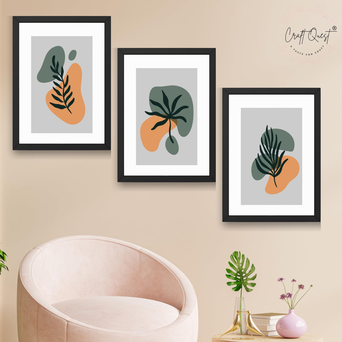 CRAFT QUEST Wall Art Decor Paintings | Set of 3 BOHO Wall Art Frames for Home Decoratio | Ideal for Living Room, Office & Bedroom