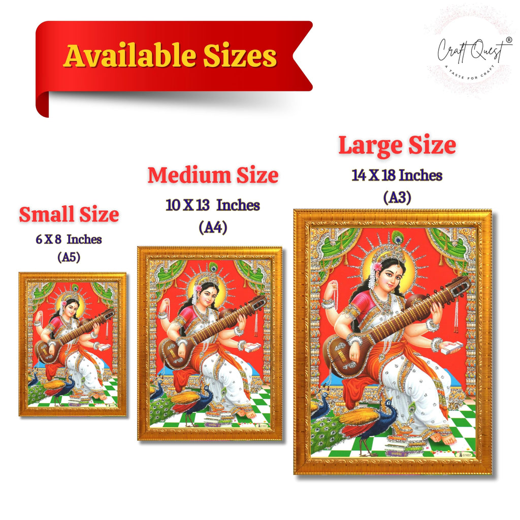 CRAFT QUEST Saraswati Devi Goddess Saraswati Maa Wall Painting Framed Home Decor wooden frame