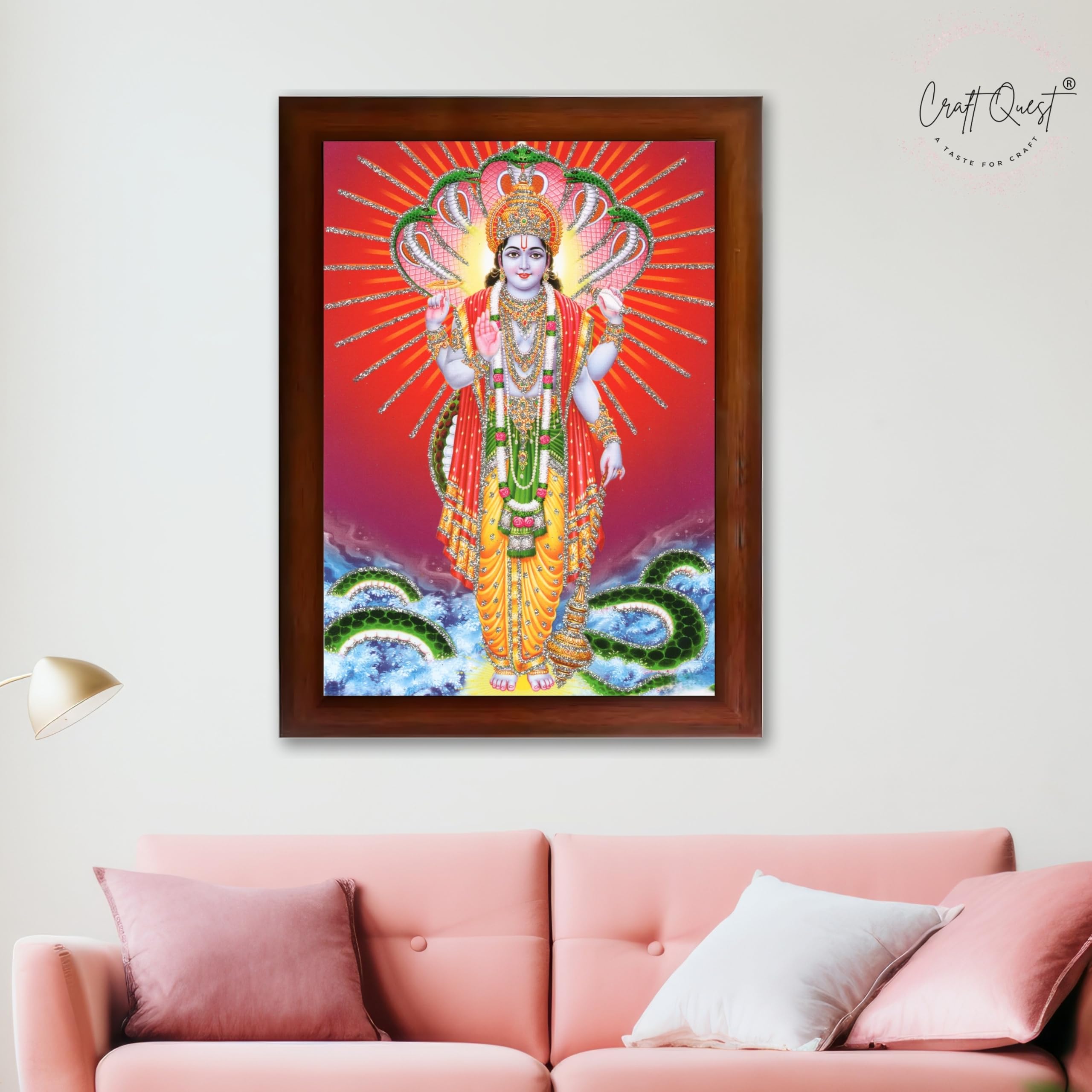 CRAFT QUEST Lord Vishnu Bhagwan Narayan Murti Mahavishnu Wall Painting Framed Home Décor, Religious Photo Frame