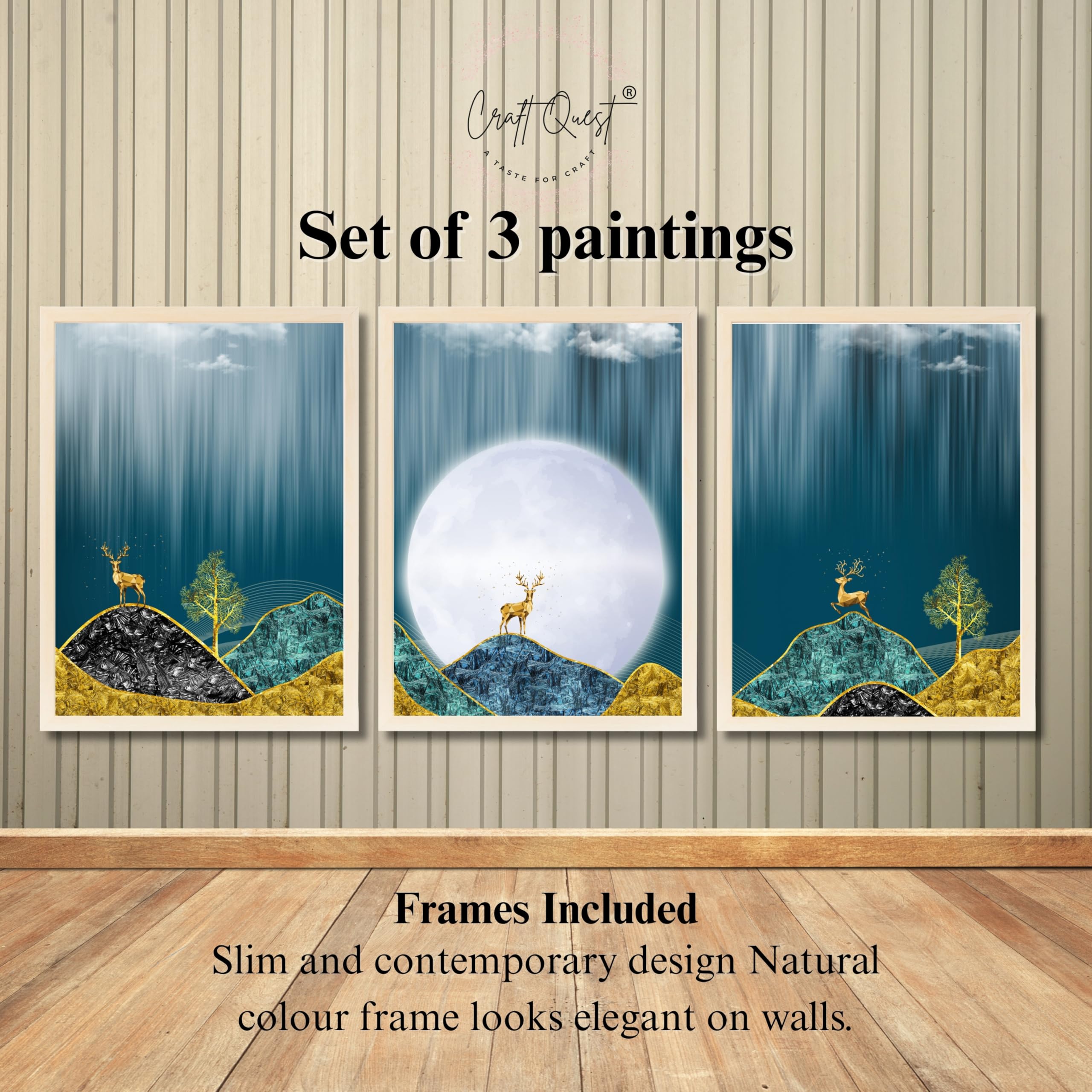 CRAFT QUEST Modern Art Landscape Of Moon & Golden Christmas Trees Wall Art | Set of 3 Frames for Home Decoration | Ideal for Living Room, Bedroom & Offices