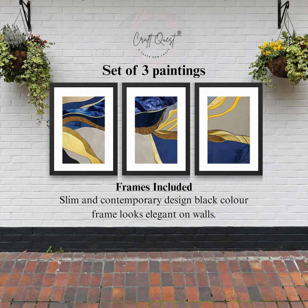 CRAFT QUEST Abstract Blue & Gold Artwork | Set of 3 Frames for Home Decoration | Ideal for Living Room, Bedroom & Offices