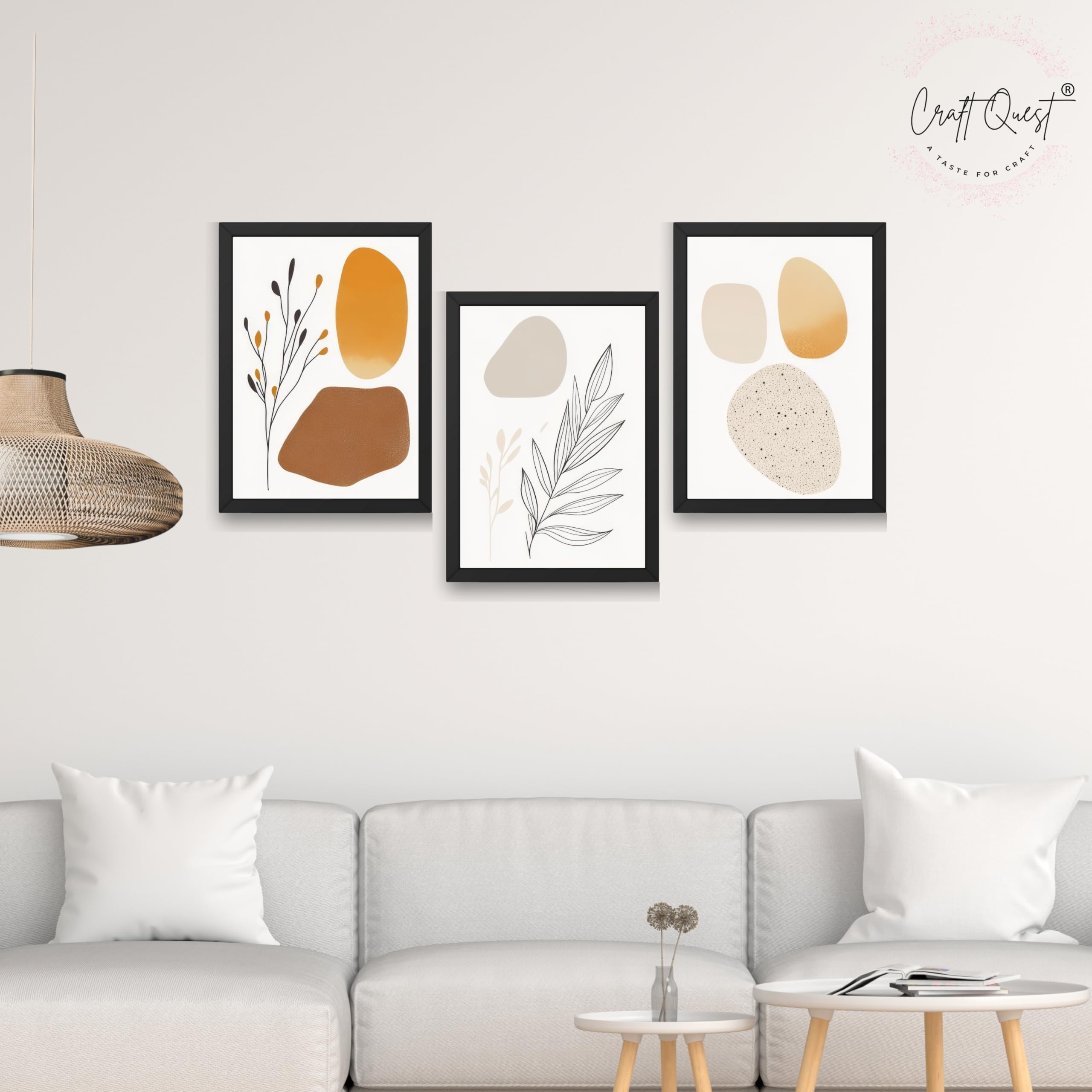 CRAFT QUEST SET OF 3 Organic Abstract Modern Wall Art | Set of 3 Frames for Home Decoration | Ideal for Living Room, Bedroom & Offices