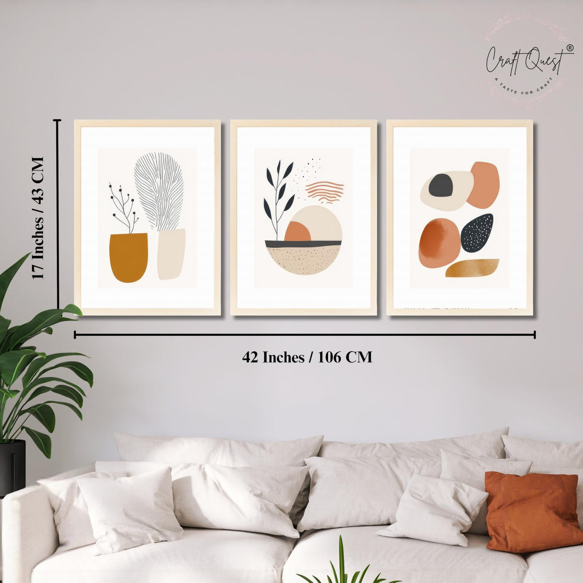 CRAFT QUEST Contemporary Organic Abstract Wall Art | Set of 3 Frames for Home Decoration | Ideal for Living Room, Bedroom & Offices