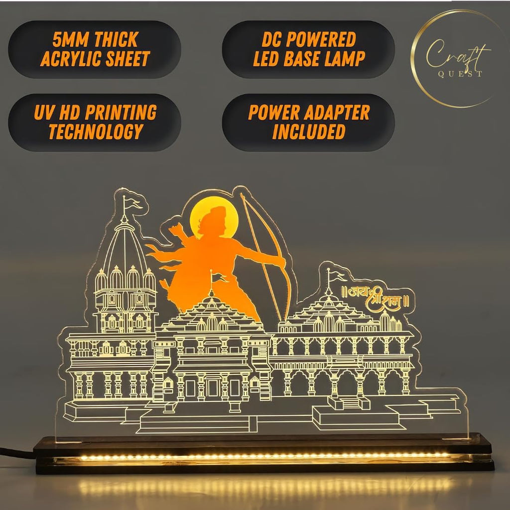 Craft Quest Shri Ram Mandir Ayodhya Model 2024 Photo Frame with LED Light Base - Table Top, 2D HD UV Acrylic Print - Unique Gifting, Home Decoration