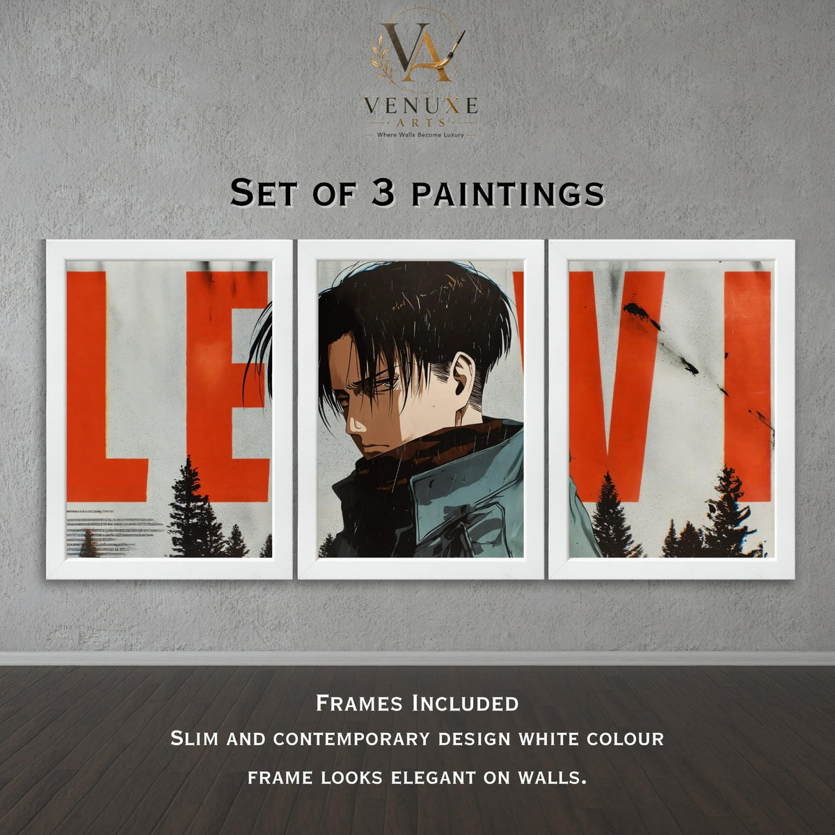 VENUXE ARTS Set Of 3 Anime Characters Wall Framed |Anime Characters Framed Poster for Living Room Bedroom Gaming Room Studio Wall Decor