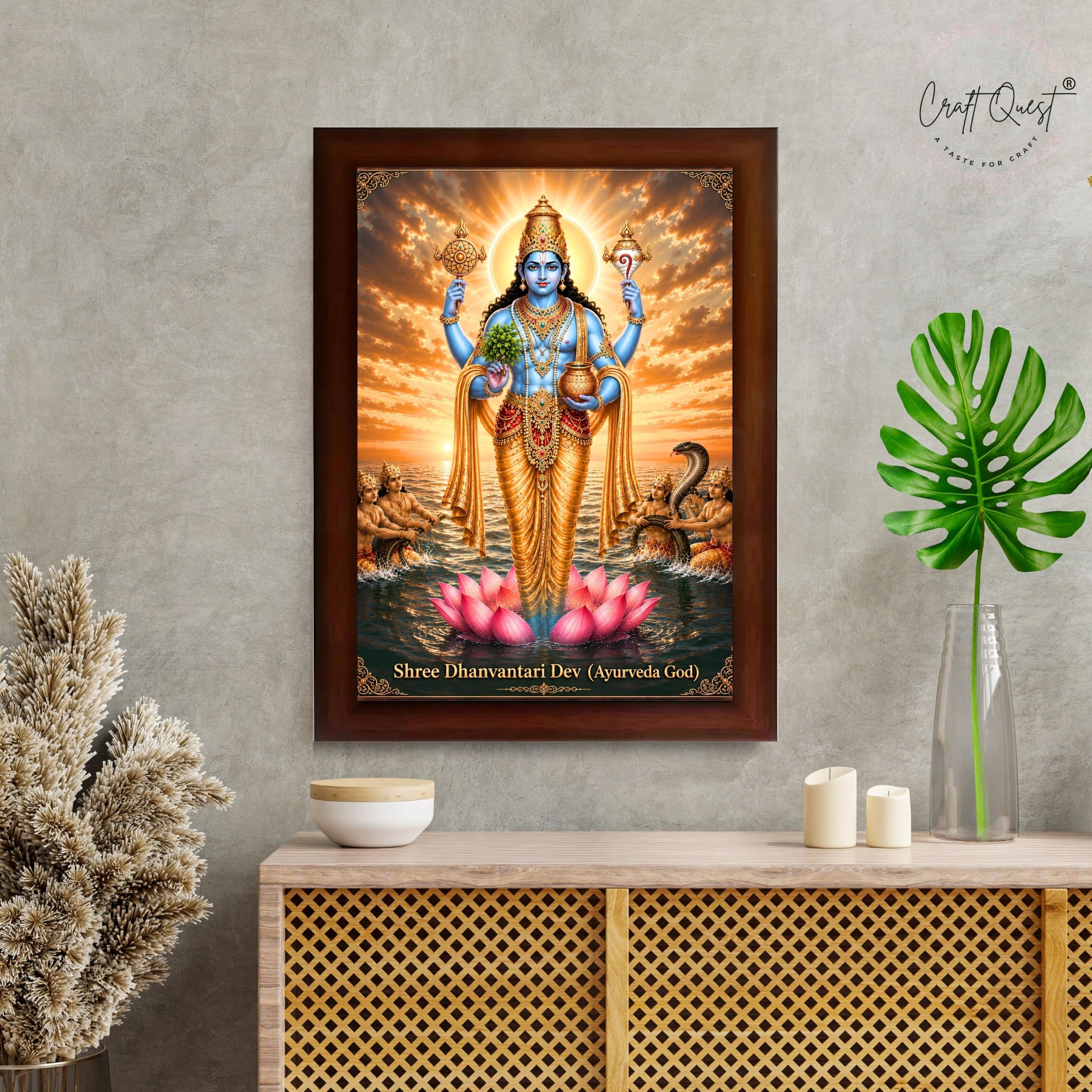 CRAFT QUEST Lord Dhanvantari/Dhanwantari Photo Frame | Hindu God of Ayurveda & Healing | Wooden Framed Wall Art for Home Temple, Office & Clinic Decor | Vastu & Spiritual Gift Item
