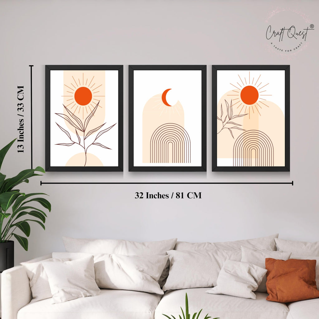 CRAFT QUEST Wall Art Decor Paintings | Set of 3 BOHO Wall Art Frames for Home Decoration | Ideal for Living Room, Bedroom & Office