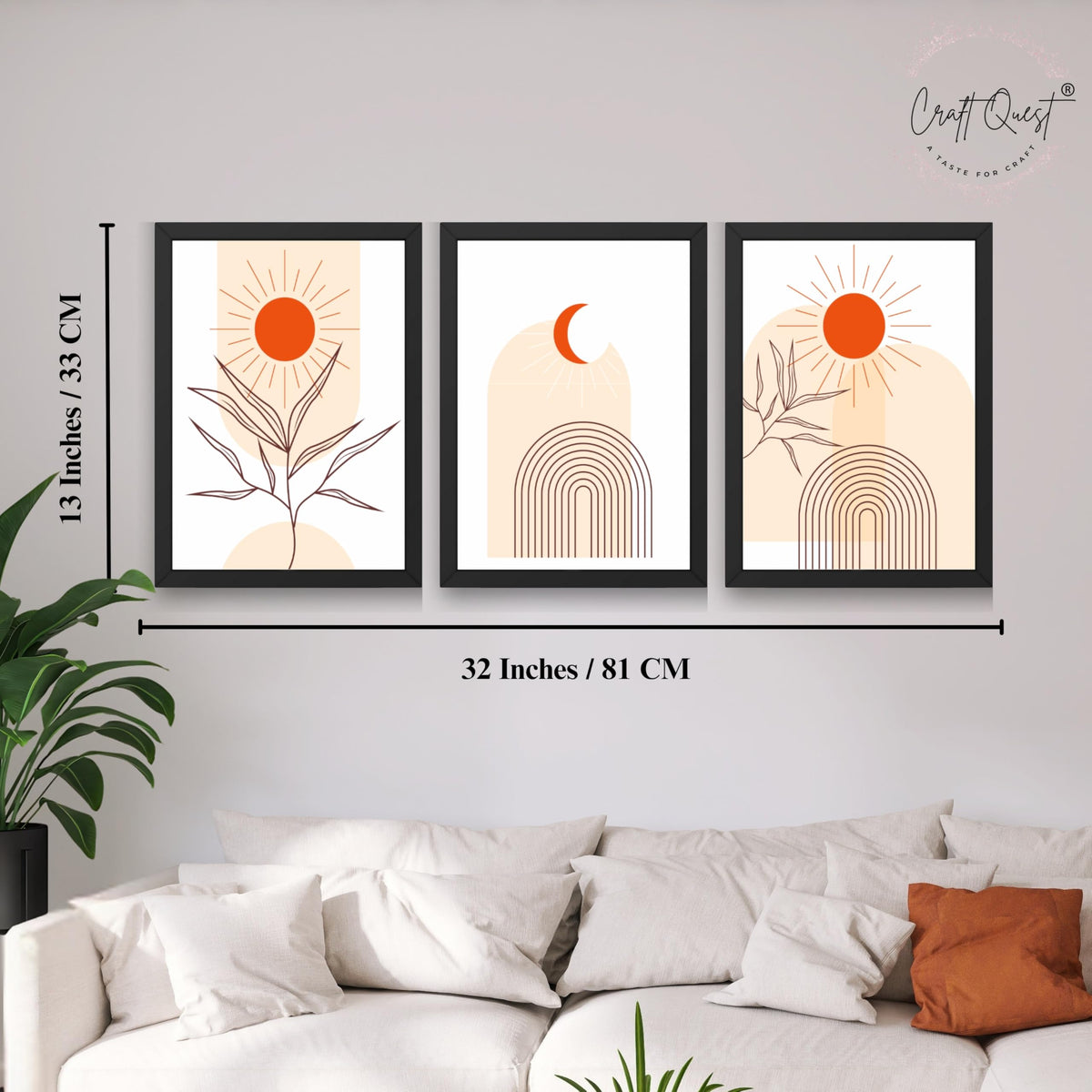 CRAFT QUEST Wall Art Decor Paintings | Set of 3 BOHO Wall Art Frames for Home Decoration | Ideal for Living Room, Bedroom & Office