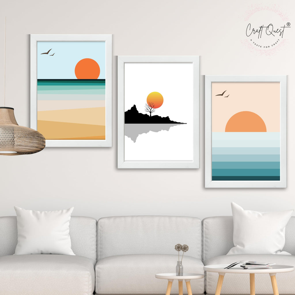 CRAFT QUEST Nature Inspired Abstract Of Sunset Wall Art | Set of 3 Frames for Home Decoration | Ideal for Living Room, Bedroom & Offices