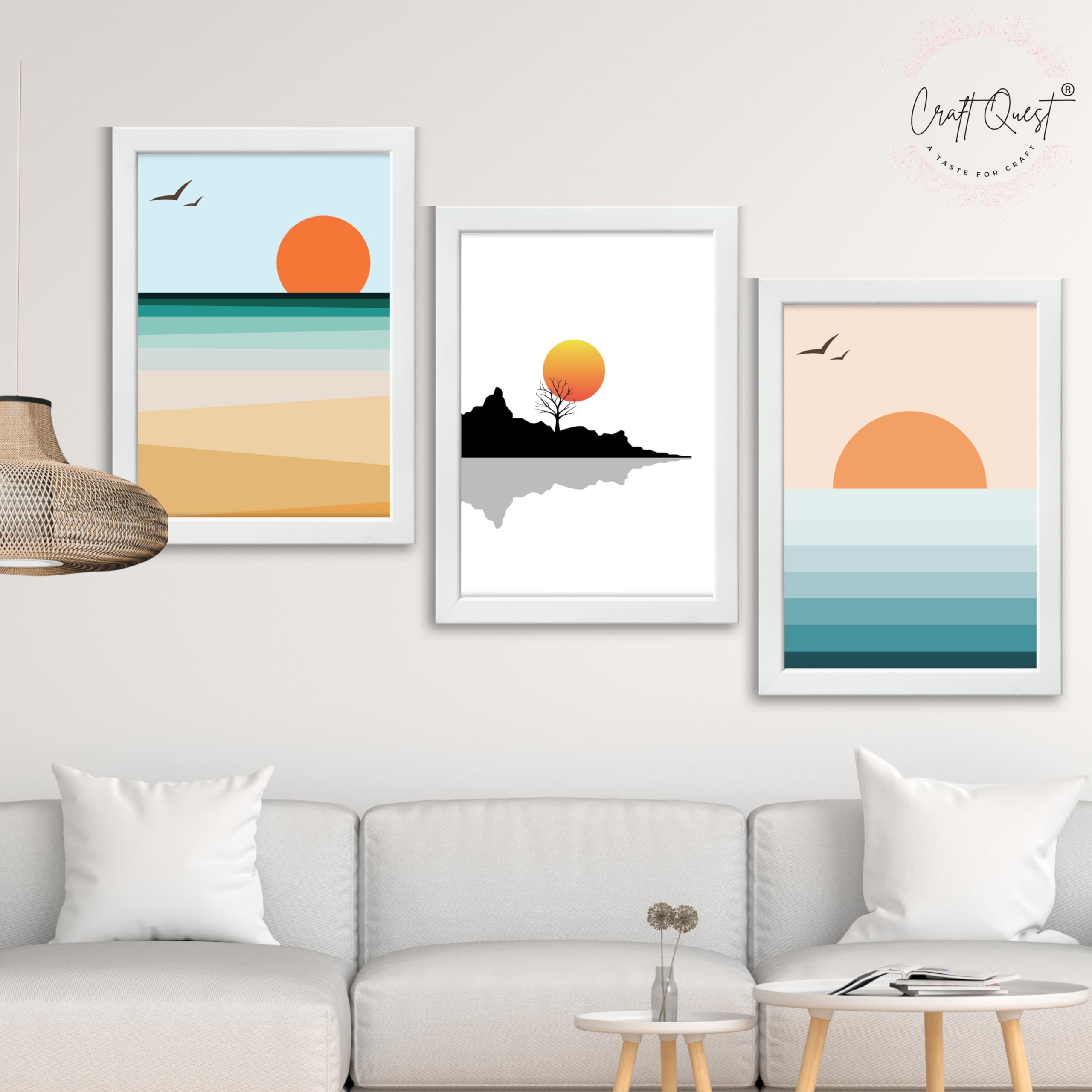 CRAFT QUEST Nature Inspired Abstract Of Sunset Wall Art | Set of 3 Frames for Home Decoration | Ideal for Living Room, Bedroom & Offices