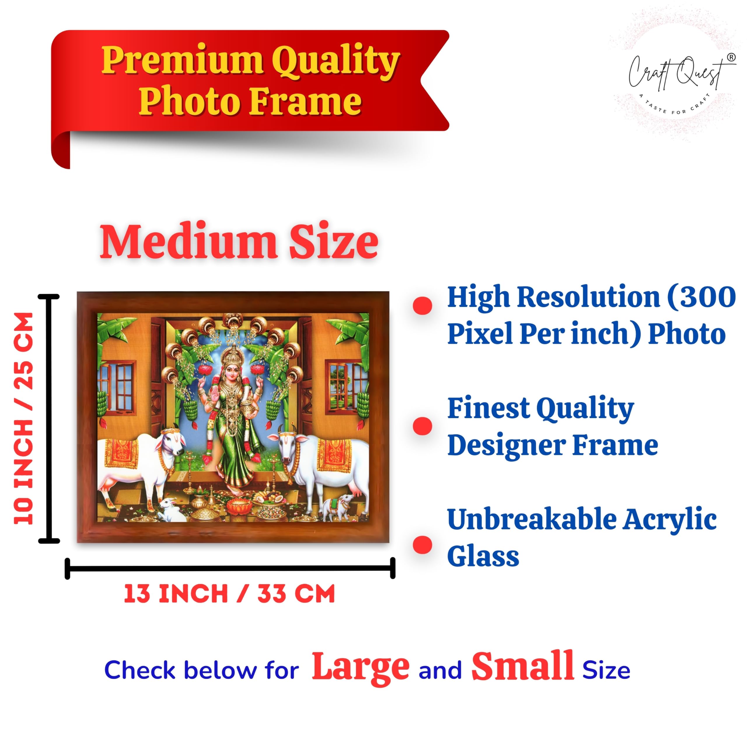 CRAFT QUEST Goddess Lakshmi Mata Wall Painting Photo Framed | Acrylic Glass, Lightweight | Ideal for Home, Office, Temple & Puja Room, Wall Decor