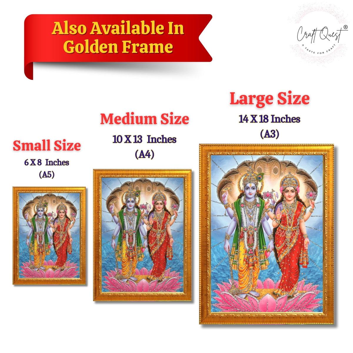 CRAFT QUEST Lord Vishnu Dev Lakshmi Devi Laxmi Narayan Ji Wall Painting Framed Home Decor, Religious Photo Frame