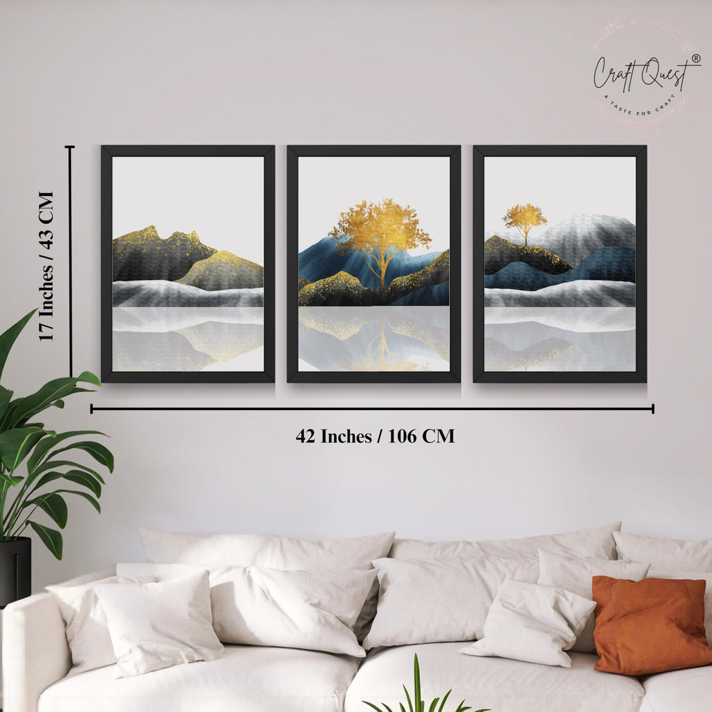 CRAFT QUEST Modern Abstract Golden Trees & Mountains | Set of 3 Frames for Home Decoration | Ideal for Living Room, Bedroom & Offices