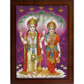 CRAFT QUEST Lord Vishnu and Goddess Lakshmi standing Giving Blessing, Glitter Work Painting with Brown Frame (14 X 10 Inches, Brown Wood)