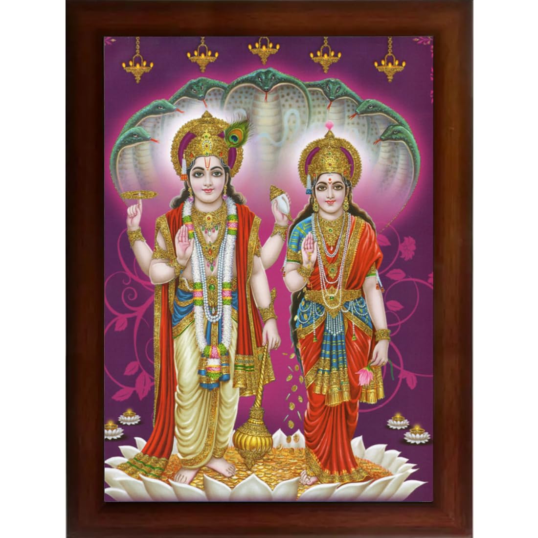 CRAFT QUEST Lord Vishnu and Goddess Lakshmi standing Giving Blessing, Glitter Work Painting with Brown Frame (14 X 10 Inches, Brown Wood)