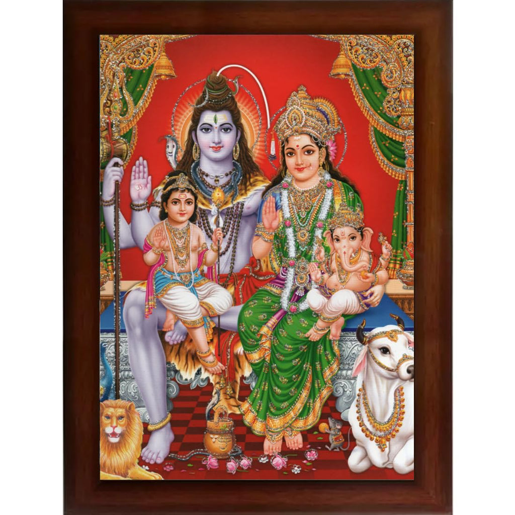 Craft Quest Shiv Parivar (Shiv Shankar, Maa Parvati, Ganesh and Kartikey) Religious Synthetic Photo Frame Sparkle Coated for Pooja (10 X 14 inch, Multicolour)