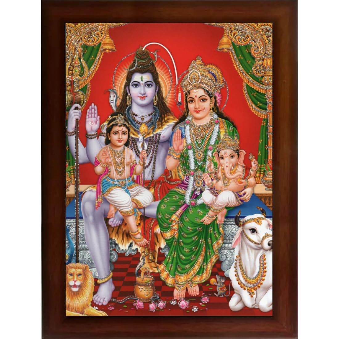 Craft Quest Shiv Parivar (Shiv Shankar, Maa Parvati, Ganesh and Kartikey) Religious Synthetic Photo Frame Sparkle Coated for Pooja (10 X 14 inch, Multicolour)
