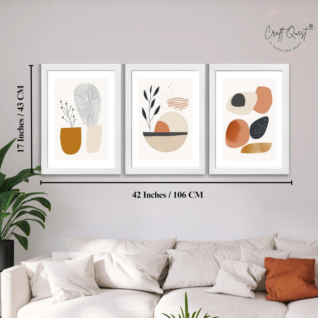 CRAFT QUEST Contemporary Organic Abstract Wall Art | Set of 3 Frames for Home Decoration | Ideal for Living Room, Bedroom & Offices