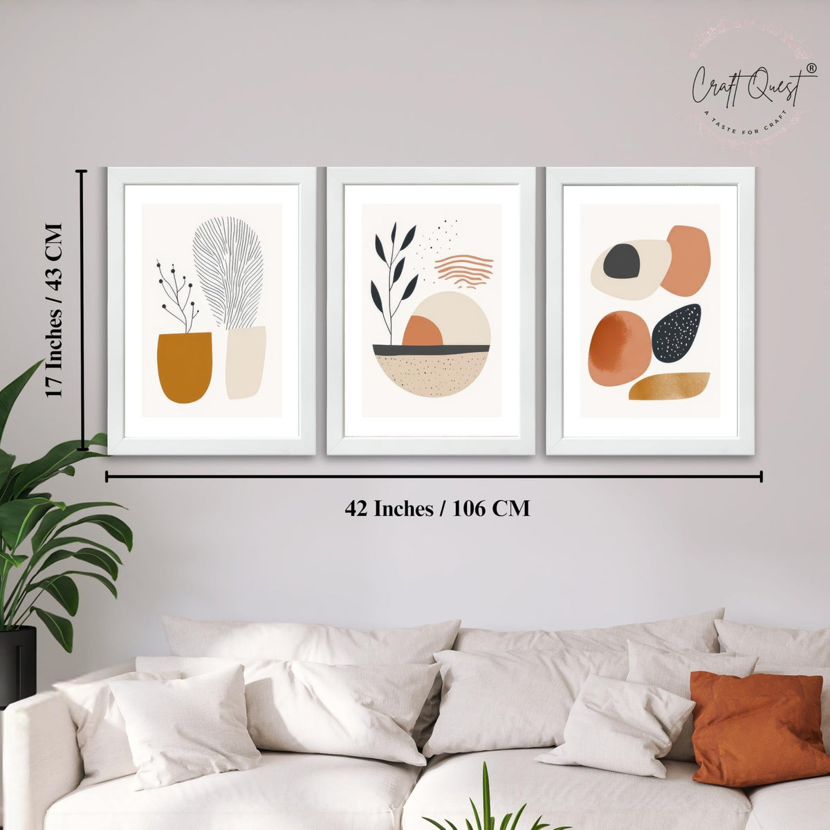 CRAFT QUEST Contemporary Organic Abstract Wall Art | Set of 3 Frames for Home Decoration | Ideal for Living Room, Bedroom & Offices