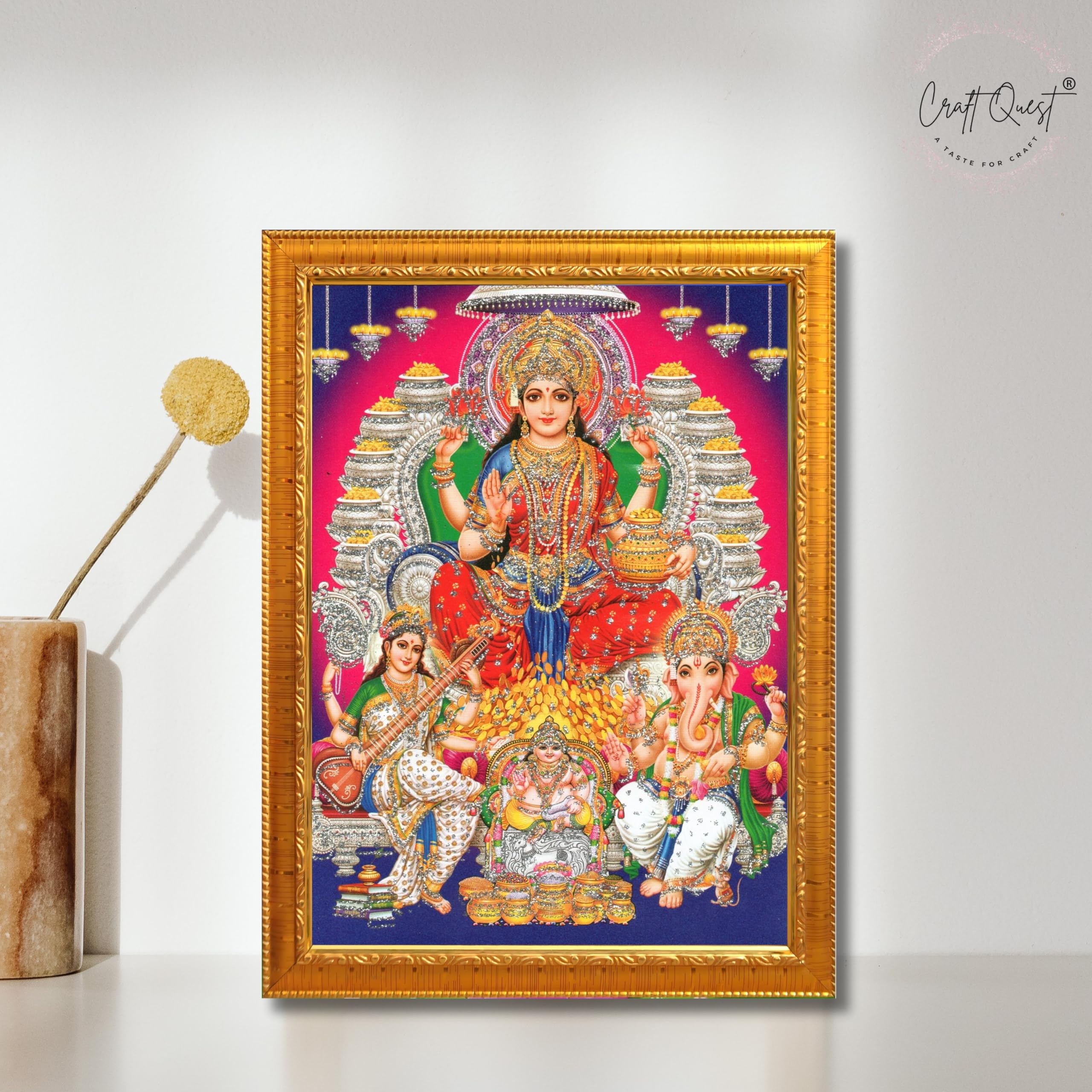 CRAFT QUEST Lord MahaLaxmi Ganesh Saraswati Ji Religious Hindu Photo Frame for Diwali,Wall, Table, Office, Temple, Pooja, Living Room and Decor