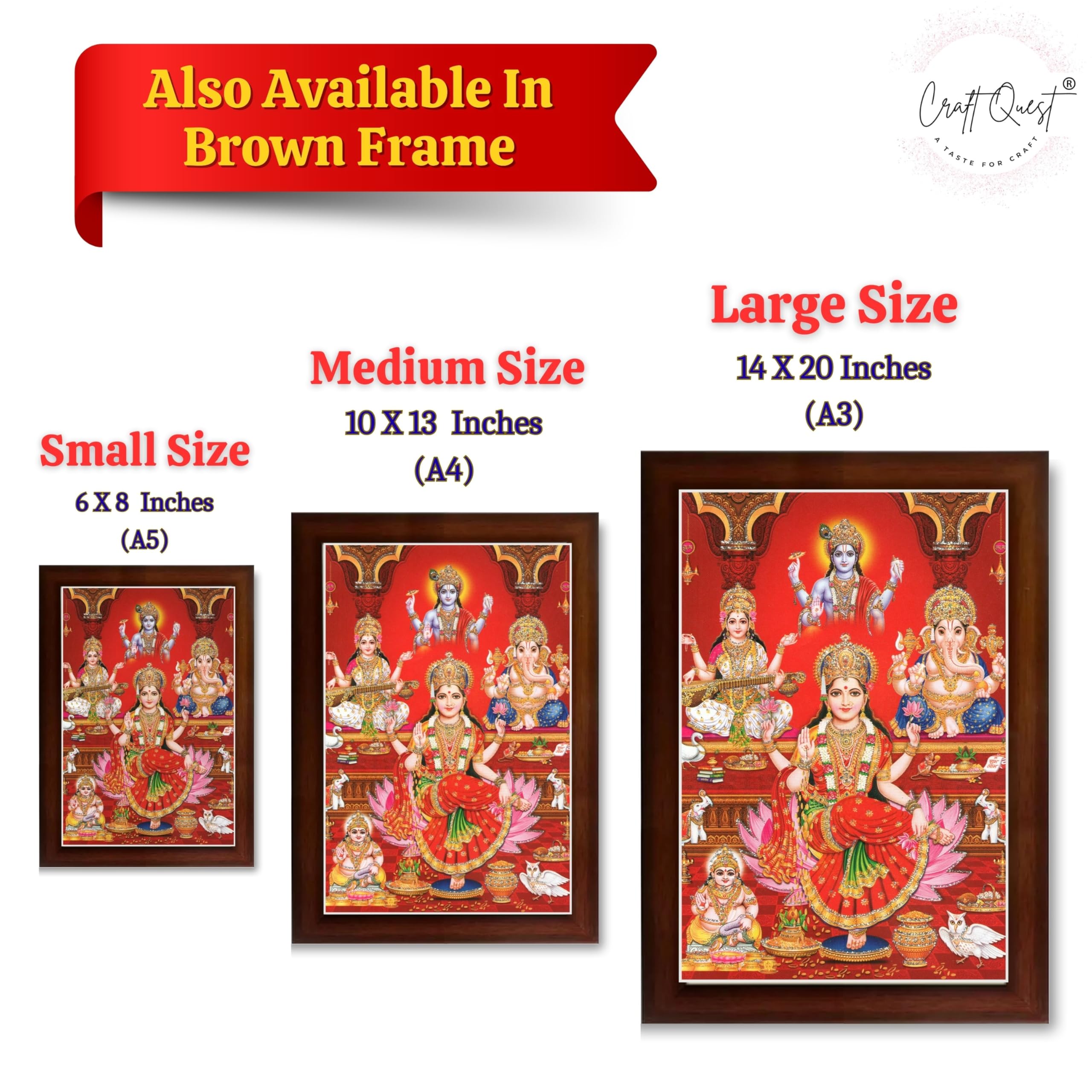 CRAFT QUEST Lakshmi Devi Ganesha Saraswati Ganesh ji Hanging Wall Painting Framed Home and Pooja Decor Hindu Bhagwan Devi Devta Photo Frame