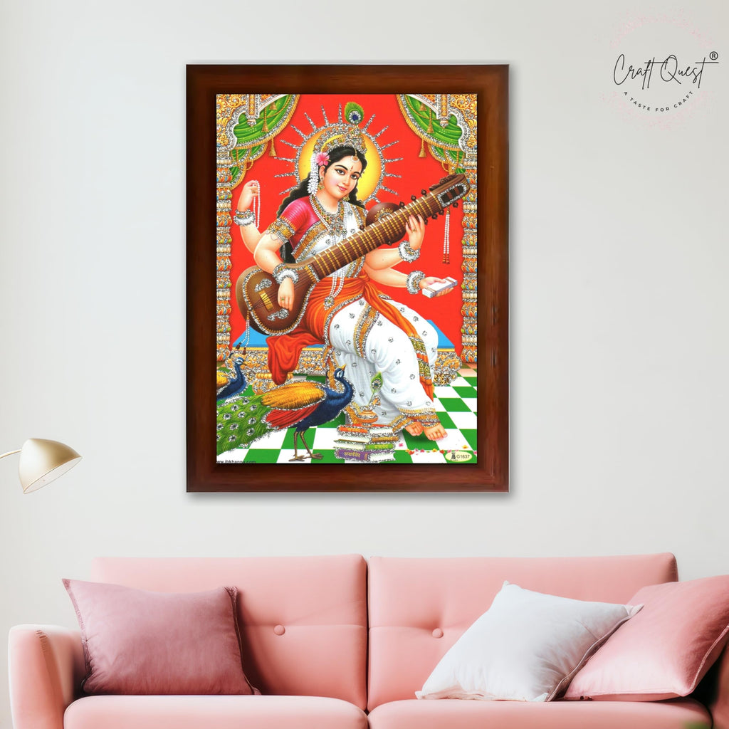 CRAFT QUEST Saraswati Devi Goddess Saraswati Maa Wall Painting Framed Home Decor wooden frame