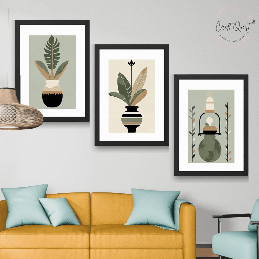 CRAFT QUEST Boho Leaves & Flowers Geometric Abstract | Set of 3 Frames for Home Decoration | Ideal for Living Room, Bedroom & Offices