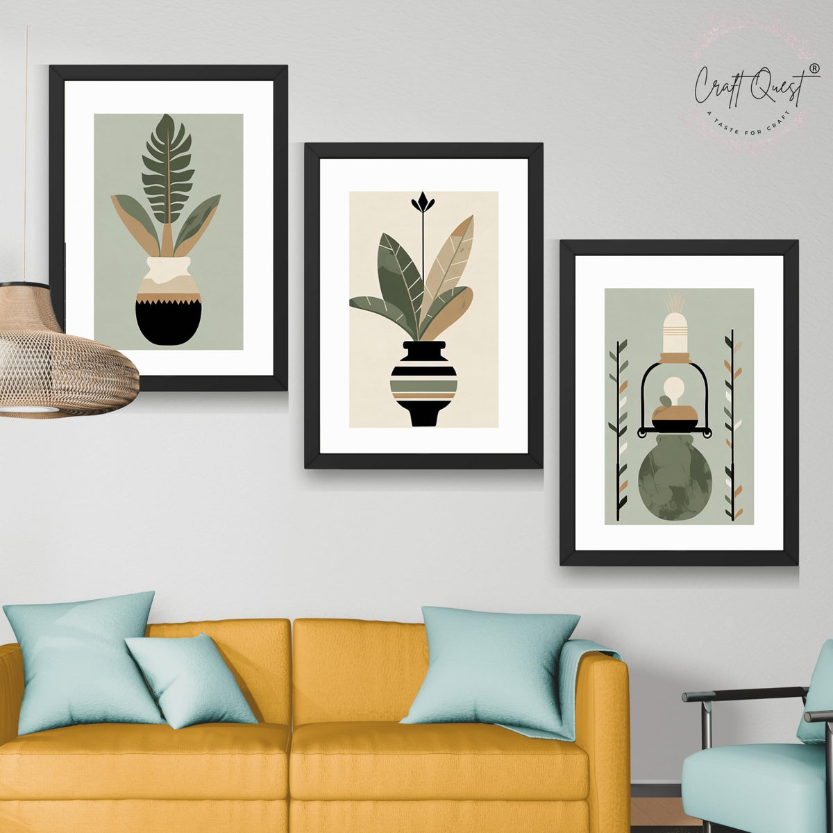 CRAFT QUEST Boho Leaves & Flowers Geometric Abstract | Set of 3 Frames for Home Decoration | Ideal for Living Room, Bedroom & Offices