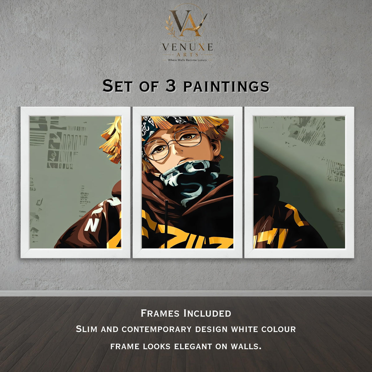VENUXE ARTS Set Of 3 Anime Characters Wall Framed |Anime Characters Framed Poster for Living Room Bedroom Gaming Room Studio Wall Decor