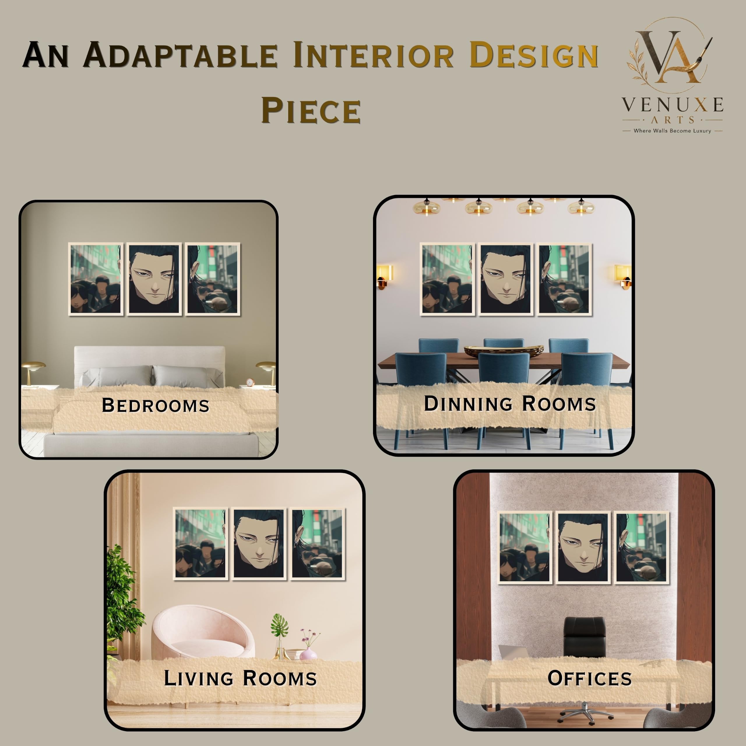 VENUXE ARTS Set Of 3 Anime Characters Wall Framed |Anime Characters Framed Poster for Living Room Bedroom Gaming Room Studio Wall Decor