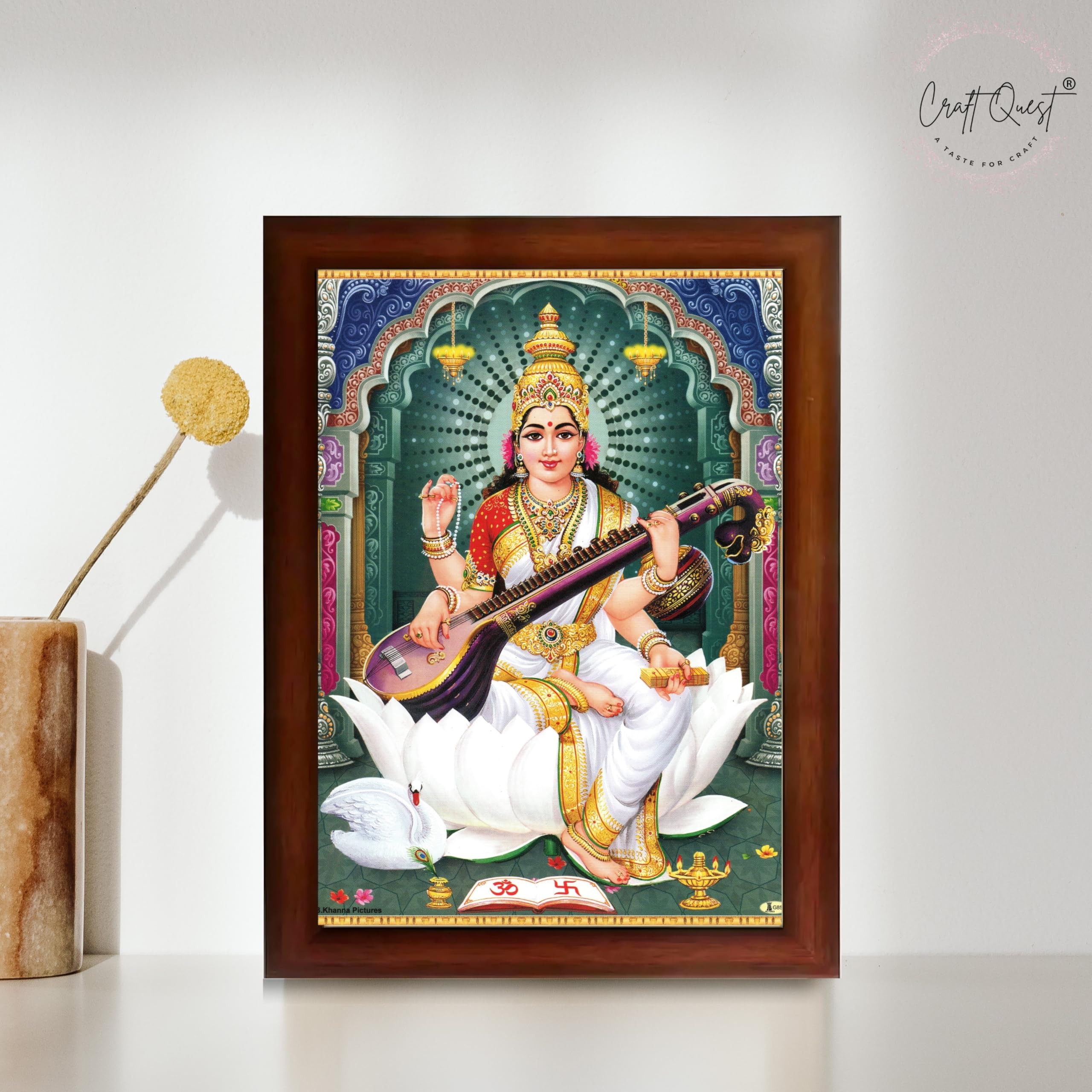CRAFT QUEST Saraswati Devi Goddess Saraswathi Maa Wall Painting Sparkle Coated Framed Home Décor Synthetic wood