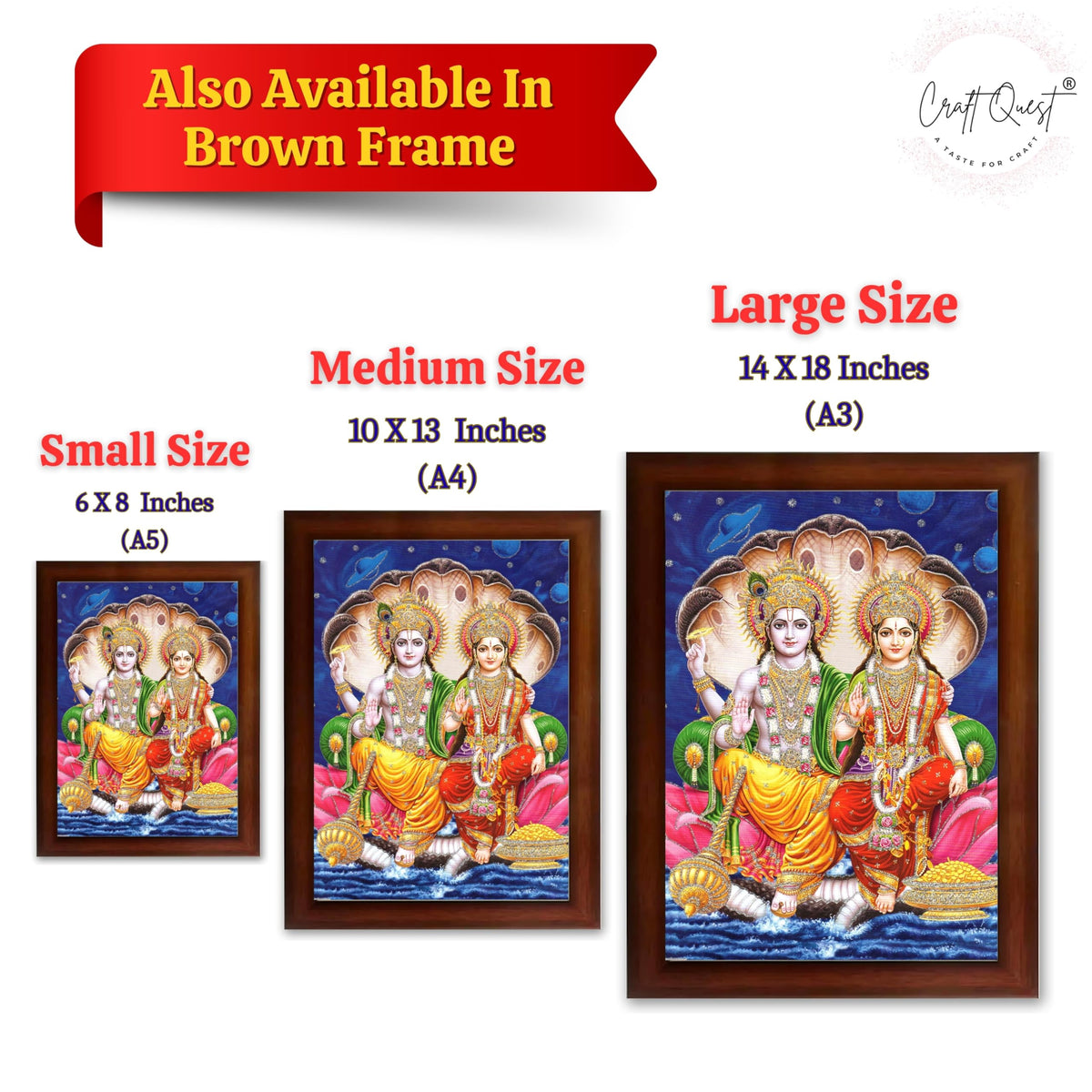 CRAFT QUEST Lord Vishnu and Goddess Lakshmi Giving Blessing on Shesh naag, Glitter Work Painting Synthetic Wood Frame